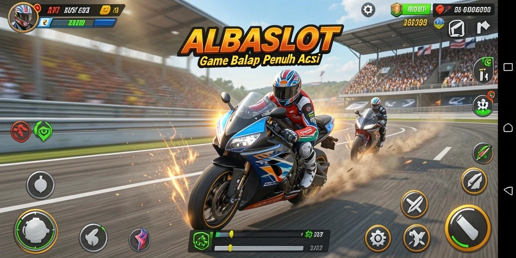 Screenshot utama ALBASLOT menunjukkan balapan motor yang menegangkan.