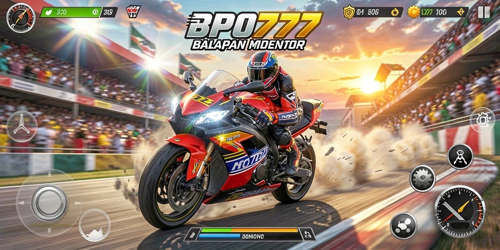 Gameplay seru BPO777 dengan motor balap yang penuh aksi.