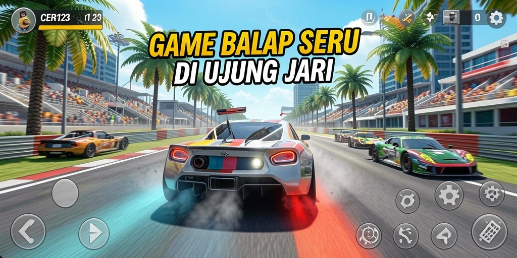 Screenshot gameplay seru CERI123 dengan mobil balap penuh aksi.