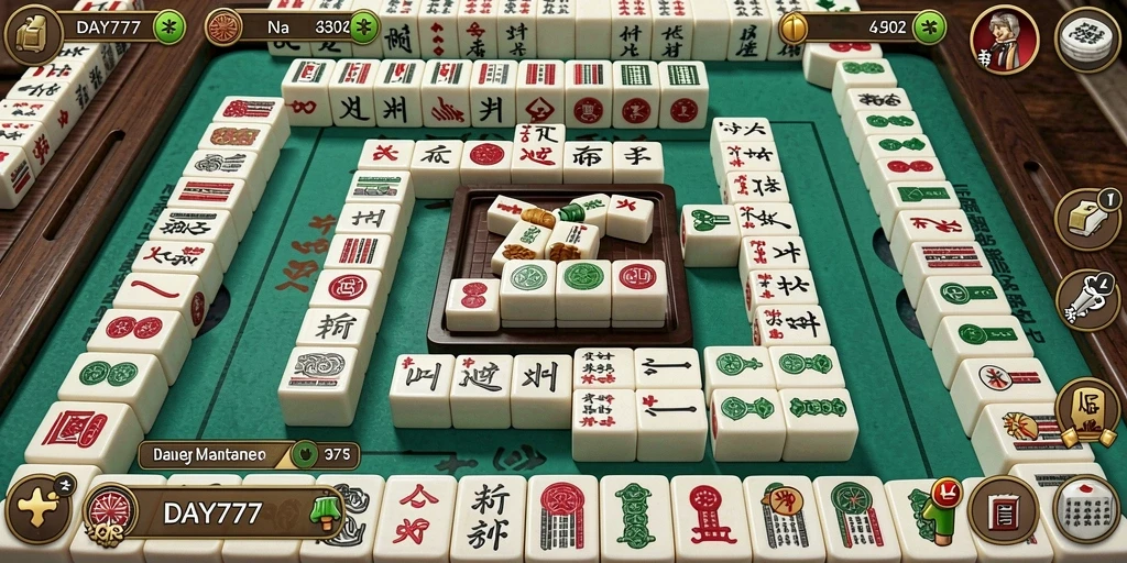 Tampilan gameplay DAY777 saat menyusun ubin Mahjong.