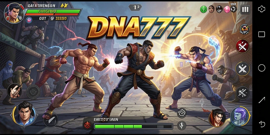 Screenshot gameplay DNA777 menampilkan pertarungan yang intens dan karakter unik.
