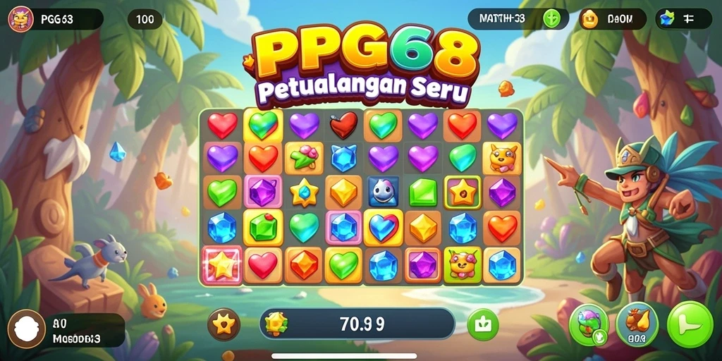 Tampilan gameplay Match-3 PGG68 yang seru dan penuh warna.