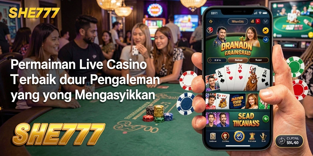 Screenshot SHE777 menampilkan dealer langsung dalam permainan kasino yang menarik.