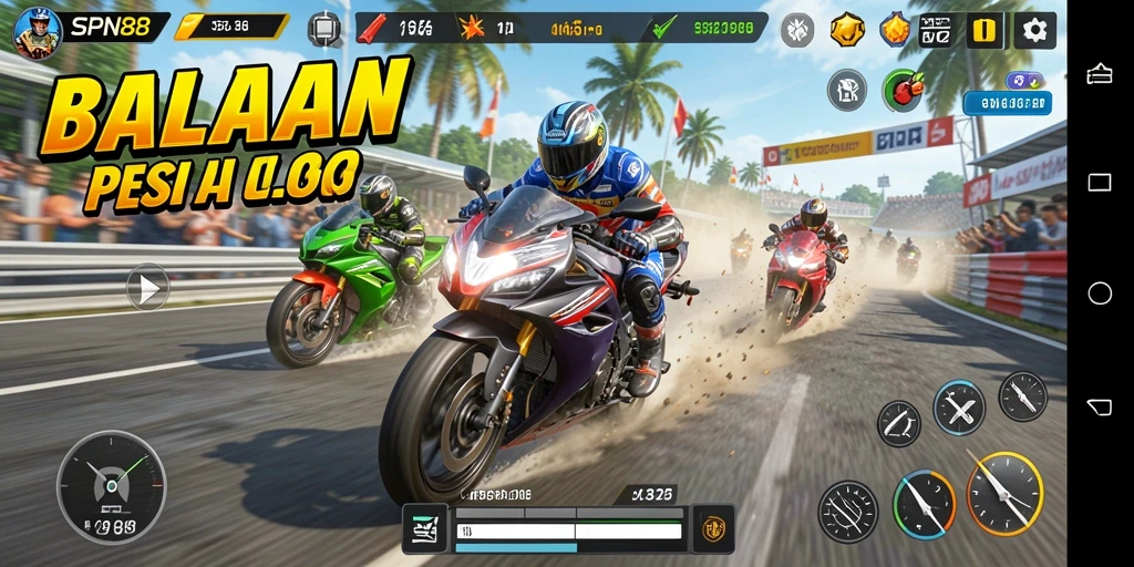 Tampilan gameplay SPN88 dengan aksi balapan motor yang mendebarkan.
